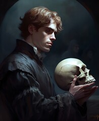 Hamlet Holding the Skull of Yorick: A dramatic illustration of Hamlet, dressed in Renaissance attire, holding Yorick's skull in his hand.