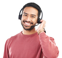 Call center, consulting and smile with portrait of man on png for customer service, networking and advice. Technical support, contact us and agent with consultant isolated on transparent background