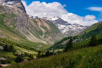 Naklejka na ściany i meble La vallée de la Tarentaise : majesté des sommets alpins, herbages et forêts de conifères, Savoie, Alpes, France