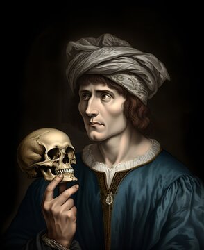 Hamlet Holding the Skull of Yorick: A dramatic illustration of Hamlet, dressed in Renaissance attire, holding Yorick's skull in his hand.