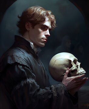 Hamlet Holding the Skull of Yorick: A dramatic illustration of Hamlet, dressed in Renaissance attire, holding Yorick's skull in his hand.