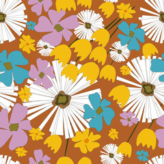 Floral Vector Seamless Pattern retro 70s style Nostalgic fashion textile bold background.Summer Print.Daisies.The power of a flower