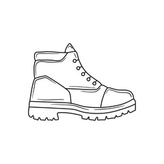 Hiking boots hand drawn outline on white background. Vector stock illustration.