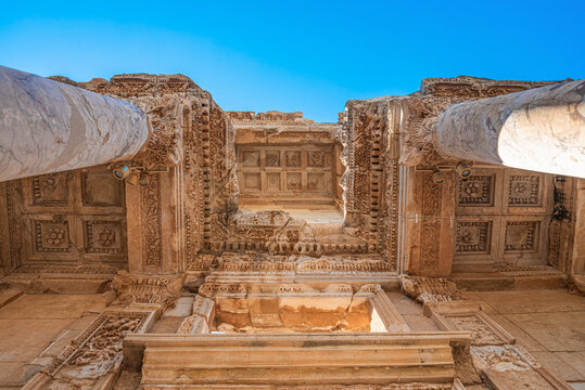 A view of the Library of Celsus from below. Architectural ornament details. Ephesus Ancient City. Selcuk, Izmir, Turkey.