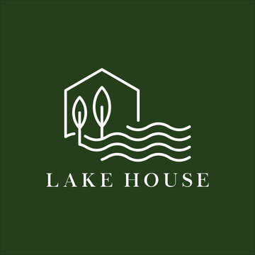 line art lake house and leaf logo vector
