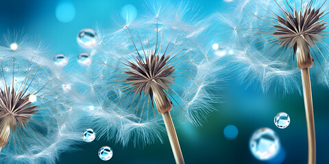 Dandelion Puffball Against a Blue Sky  Dandelion Fluff Drifting in the Breeze  Blowing Dandelion Seeds on a Blue Background Ai Generated 