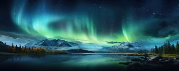 Fototapeta na wymiar Green Aurora borealis at night over norway landscape and lake, night panorama. Generative Ai.