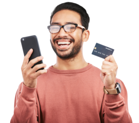 Happy asian man, phone and credit card for payment or online banking isolated on a transparent PNG background. Excited male person or shopper smile on mobile smartphone for bank app, buy or purchase