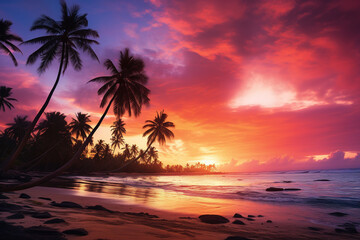 Fototapeta na wymiar Coconut palm trees on tropical island beach at sunset