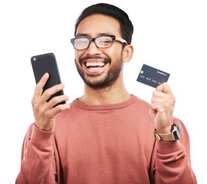 Happy asian man, phone and credit card for payment or online banking isolated on a transparent PNG background. Excited male person or shopper smile on mobile smartphone for bank app, buy or purchase