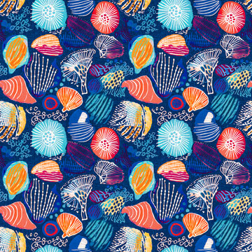  Seamless blue red underwater shell clam repeat background. Tropical modern seashell coastal pattern clash fabric coral reef print for summer beach textile designs with a linen cotton effect.