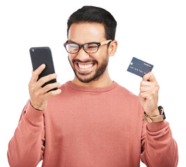 Happy asian man, phone and credit card for ecommerce isolated on a transparent PNG background....