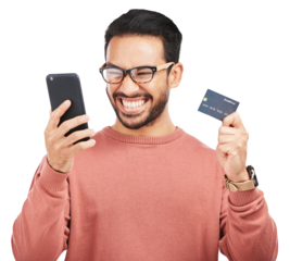 Happy asian man, phone and credit card for ecommerce isolated on a transparent PNG background. Excited male person or shopper with smile on mobile smartphone for bank app, online shopping or purchase