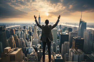 Fototapeta na wymiar Successful businessman raising his arms like a winner standing on roof of office building with city view. Concept of business success and victory.