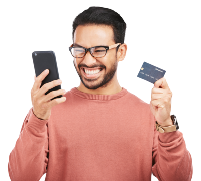 Happy asian man, phone and credit card for ecommerce isolated on a transparent PNG background. Excited male person or shopper with smile on mobile smartphone for bank app, online shopping or purchase