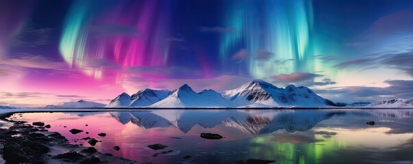 Green and pink Aurora borealis at night over iceland lake, night panorama. Generative Ai.