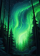 Green Aurora borealis at night over norway forest, night. Generative Ai.