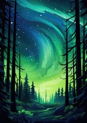 Green Aurora borealis at night over norway forest, night. Generative Ai.