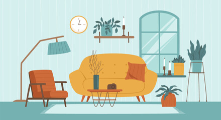 Living room interior with sofa and coffee table. Trendy modern house interior design with houseplants and window. Flowers, sofa, chair, table, window. Flat vector illustration.