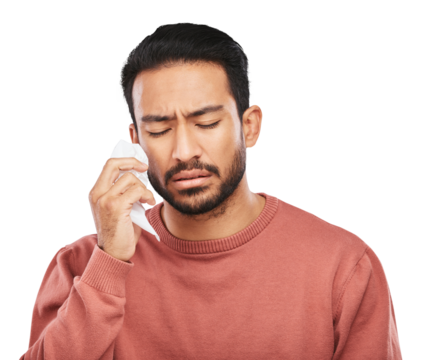 Sad, tissue and face of man crying over depression problem, heartbreak or relationship mistake, crisis or grief. Napkin, mental health and person wipe tears isolated on transparent, png background