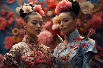 Fototapeta premium Beautiful Asian women with colorful dresses. Flower background. Generated with AI.