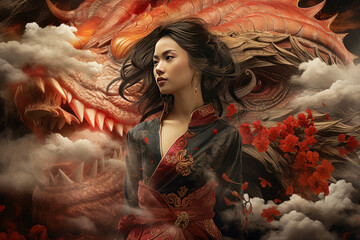 Beautiful Asian woman with colorful dress. Red dragon background. Generated with AI.