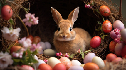 A cheerful Easter Bunny surrounded by colorful eggs, bringing joy and festive spirit to the celebration. AI generated