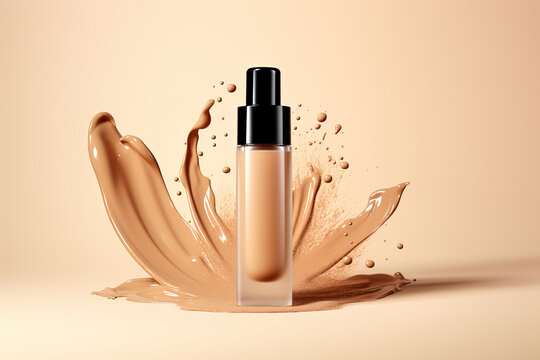 A bottle of liquid foundation is showcased against a light beige backdrop, surrounded by splashes of makeup product, exuding elegance and beauty in every drop