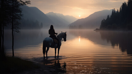 A woman embarks on a scenic horseback journey, accompanied by nature's beauty and a serene lake, creating a picturesque adventure AI generated