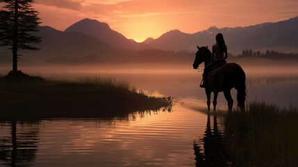 A woman and her horse venture through breathtaking landscapes, encountering the serenity of a tranquil lake, outdoors. AI generated