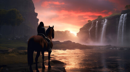 A woman on horseback glides elegantly with a mesmerizing waterfall as a backdrop, creating a scene where the tranquility of the horse ride meets the breathtaking force of nature AI generated