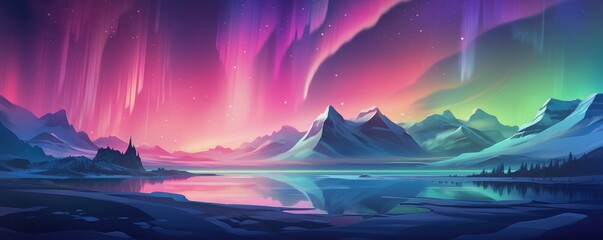 Fototapeta na wymiar Multicolor Aurora borealis at night over mountains on iceland nature, panorama. Generative Ai.