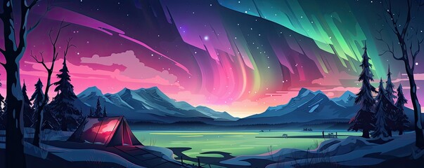 Pink Aurora borealis at night with tent in iiceland nature, night, panorama. Generative Ai.