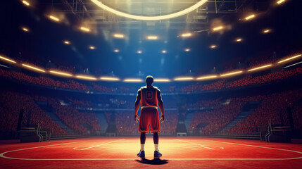 3D image of a basketball player standing on the sidelines Flashing lights ready to compete