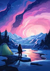 Pink Aurora borealis at night with tent in iiceland nature, night. Generative Ai.