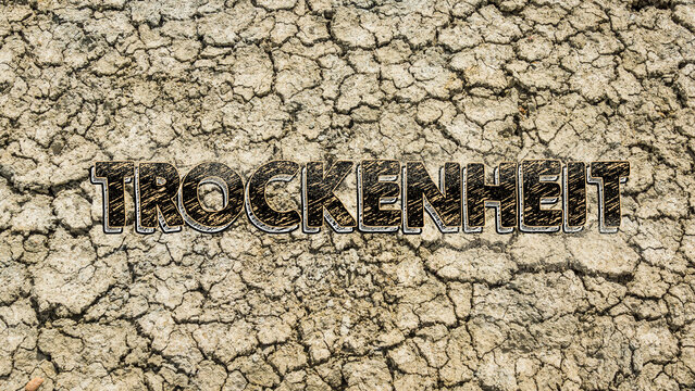 Titel "Trockenheit" in Versalien auf vertrocknetem Boden