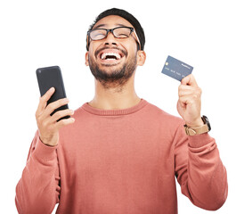 Happy asian man, phone and credit card in payment success isolated on a transparent PNG background....