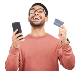 Happy asian man, phone and credit card in payment success isolated on a transparent PNG background. Excited male person or shopper smile on mobile smartphone in bank app, online shopping or ecommerce