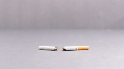 Smoking cessation concept.  Single cigarette broken in half.