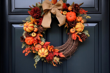 fall autumn wreath with brown bow hanging on dark front door  - Powered by Adobe