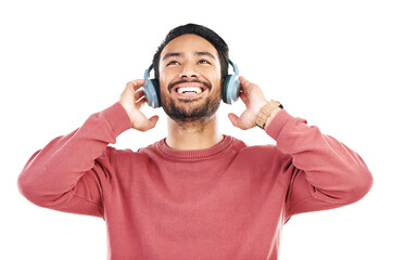 Headphones, happy and man with smile for music on isolated png or transparent background. Podcast subscription, technology and male person listen to audio, streaming radio and track online to relax