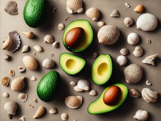 seashells and avocados on sand 