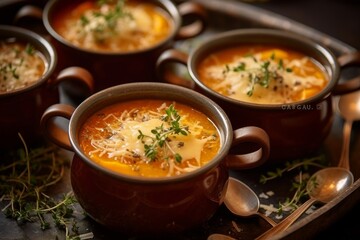 Soupe à l'Oignon served in individual bowls, topped with golden brown, melted Gruyère cheese and sprigs of fresh thyme
