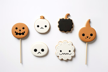 Obraz premium Set of Halloween gingerbread cookies on a white background. Generative Ai.