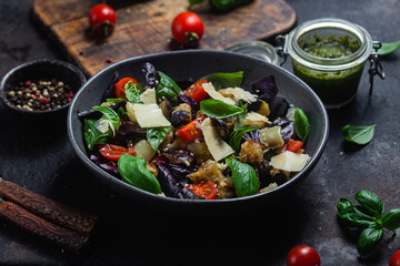 Eggplant salad, basil, cheddar cheese with tomatoes