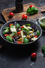Eggplant salad, basil, cheddar cheese with tomatoes