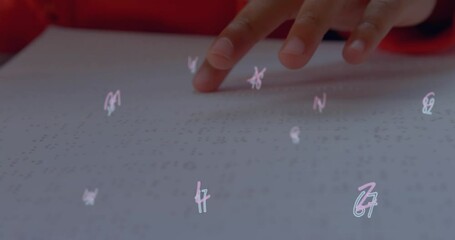 Animation of numbers over caucasian schoolgirl reading braille - Powered by Adobe