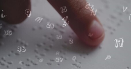 Animation of numbers over caucasian schoolgirl reading braille - Powered by Adobe