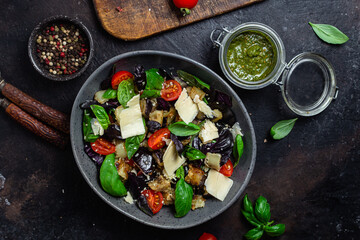Eggplant salad, basil, cheddar cheese with tomatoes