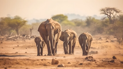 Herd of elephants walking across a dry grass field. Animal and nature environment concept.